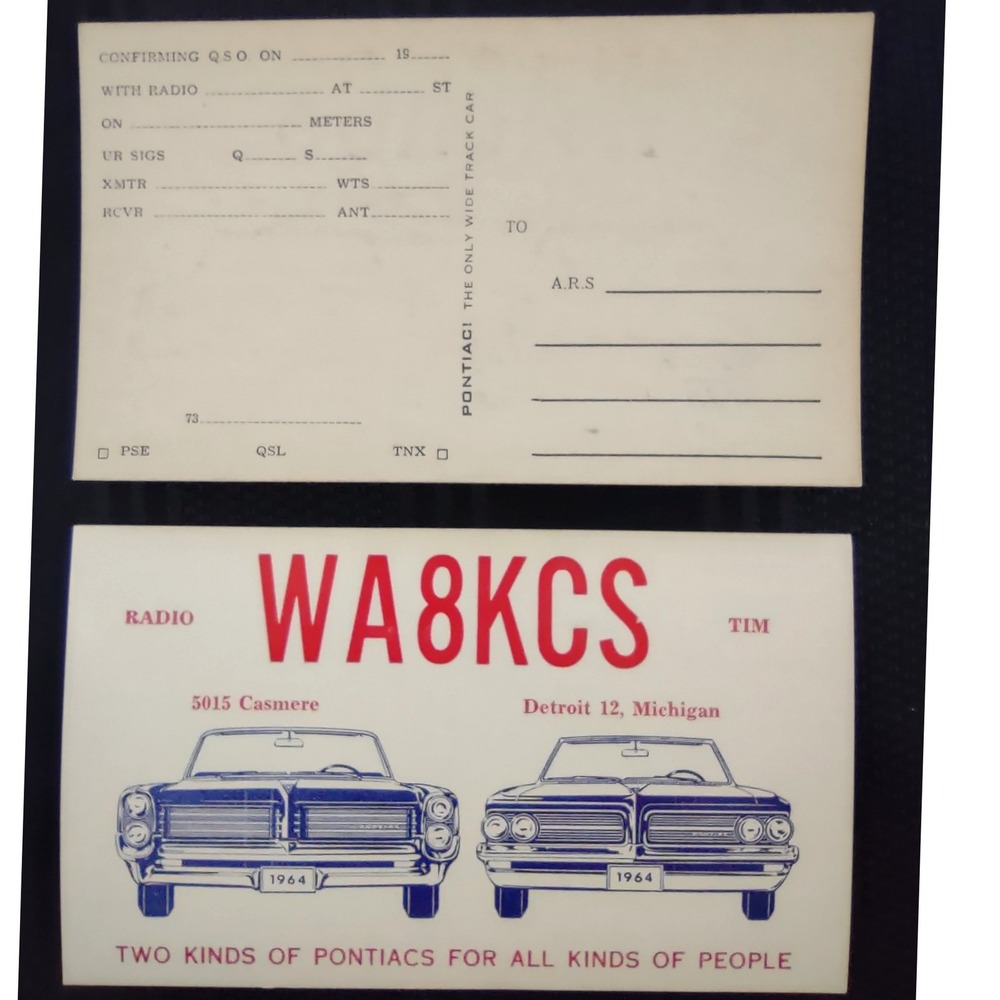 Vintage‎ 1964 Pontiac QSL Ham Radio Card WA8KCS Detroit MI Wide Track Car Unused